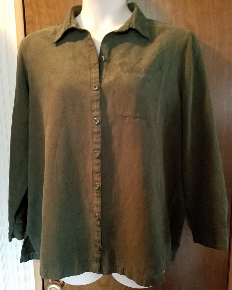 Laser cut faux suede shirt in loden green - Picture 2 of 5
